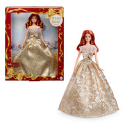 Mattel Barbie Signature 2025 Holiday Fashion Doll, Red Hair, Silver and Gold Damask Gown, Strapless with Ruffle Tulle Collar, Gold Earrings, Pearlized Gold Heels, Display Stand