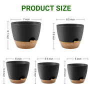 Foukus Set of 5 Self-Watering Plant Pots with Drainage Holes, Eco-Friendly Black Plastic Planters for Indoor and Outdoor Use, Sizes 7in to 5in