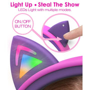 FosPower Kid Headset with LED Light Up Cat Ears, On Ear, Kid-Safe 85dB Volume, Padded Cushions, Laced Tangle-Free Cable, White