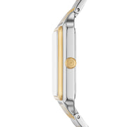 Fossil Women's Raquel Two-Tone Stainless Steel Watch, 26mm Rectangular Case, Mother-of-Pearl Dial with Glitz Accents, Quartz Movement, Date Display, Water Resistant 50m