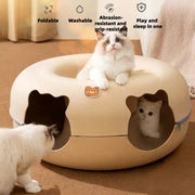 Nouveau Haven Felt Cat Cave Bed, Donut Cat House with Tunnel, Zipper Removable, Washable, Breathable Beige