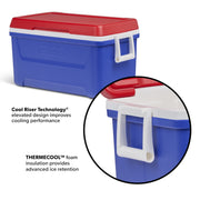 Igloo Laguna 48 QT Hard Sided Ice Chest Cooler, Cool Riser Technology, Ultratherm Foam Insulation, Blue Red White