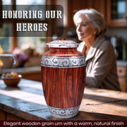 Americurn Wooden Grain Cremation Urn Set, Large Adult Urn, 4 Mini Keepsake Urns, Ash Necklace, Warm Wood Grain Finish