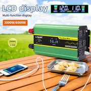 LVYUAN Power Inverter 3000W Continuous 6000W Peak Pure Sine Wave 12V DC to 110V AC Converter with 4 AC Outlets, 4 USB Ports, LCD Display, Remote Control, Green F-3000P