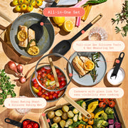 Drew Barrymore 21-Piece Ceramic Nonstick Cookware Set with Aluminum Pots, Pans, Bakeware, and Silicone Kitchen Tools, Thyme Green - Durable