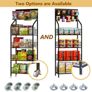 IAJXWI 4663 4-Tier Snack Display Rack with 10 Detachable Hooks, Lockable Casters, Black Metal, 23.6 x 10.6 x 67 in