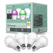 Merkury Innovations Smart LED Light Bulbs, 9W 60W Equivalent, RGBW Dimmable A19, E26 Base, 4-Pack MI-BW450-999W