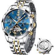 OLEVS Automatic Men's Skeleton Watch, Gold Plated Stainless Steel, Calendar, Moon Phase, Waterproof, Luminous