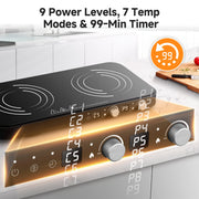 Sunmaki Portable Double Induction Cooktop with Removable Non-Stick Griddle Pan, 1800W, 2 Burner Hot Plate, Sensor Touch Controls, 9 Power Levels, 99 Min Timer, Black IRC1TZ21G-BK