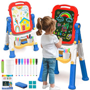 Sunforu Double Sided Magnetic Kid Art Easel, Complete Drawing Station with Whiteboard and Chalkboard, Height-Adjustable, Blue