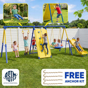 Fashionsport Outfitters Heavy-Duty Metal Swing Set, Supports 7 Kids, Double Wall Slide, Saucer Swing, Climber Net, Climber Wall, Belt Swing, Trapeze Bar, Yellow and Blue