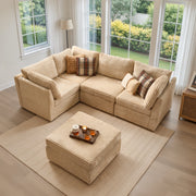 Ovios Modular Sectional Sofa Couch, 95 Inch L-Shaped 5-Seater with Ottoman, Beige Plush Corduroy, Deep Seat Cushions, Solid Wood Frame, YOYO240-3-1-1