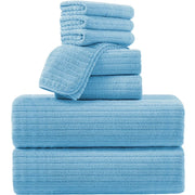 Jessy Home 8 Pcs Blue Stripe Large Microfiber Bath Towels Set