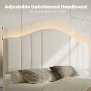 Pinmoco B702053H-BLTD Queen Upholstered Bed Frame with Adjustable Arc-shaped Headboard, LED Platform Bed, Teddy Velvet Black