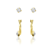 Brilliance Fine Jewelry 10K Gold Filled Crystal Children's Earrings Set, Floral Pav Design, Yellow Gold, Studs and Hoops