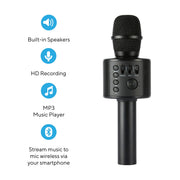 Core Innovations Wireless Bluetooth Karaoke Microphone with Built-in Hi-Fi Stereo Speakers, HD Recording, Portable Rechargeable, Black, KRMC100