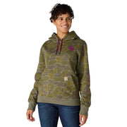 Carhartt Women's Relaxed Fit Midweight Logo Sleeve Graphic Printed Hoodie, Dusty Olive Vintage Camo, Medium, 107267
