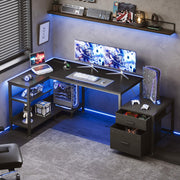 Casacomoda 55in L-Shaped Office Desk with Built-in Power Outlets, File Cabinet, Storage Shelf, CPU Holder, Black