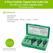Greenlee 635 5-Piece Carbide-Tipped Hole Cutter Set with Pilot Drill, Hex Wrench, Tungsten Carbide Teeth, 7/8 in to 1-3/8 in