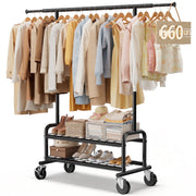 LZNIOZ Heavy Duty Garment Rack with Adjustable Rod, Two Mesh Shelves, Locking Wheels, Black, 66 L71 H17 W