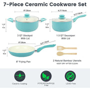 M MELENTA Pots and Pans Set, 7 Piece Nonstick Ceramic Cookware Set, Turquoise - 100% PFOA Free