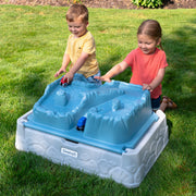 Simplay3 Blue Mountain Off-Road Adventure Sandbox with Hinged Cover and 2 Monster Trucks, Durable Double-Wall Resin Plastic, Rectangle, 16 in Height, 225020-01