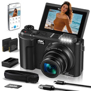 XLURC 4K Digital Camera, 88MP CMOS Sensor, 24X Optical Zoom, Auto Focus, 3-Inch 180 Flip Touchscreen, WiFi Enabled, Black, WD200-1-Black