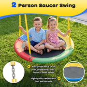 Gardwin 7in1 Metal Outdoor Swing Set with Saucer Swing, Double Wall Slide, Glider, Belt Swing, Trapeze Bar, Standing Swing, Teeter Totters, Yellow and Blue, for 10 Kids Ages 3-12 GW-SW701-BY
