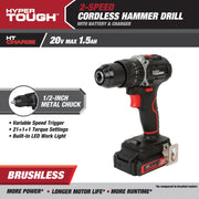 Hyper Tough 80045 20V Max Brushless 2-Speed Cordless Hammer Drill with 1.5Ah Lithium-Ion Battery & Charger