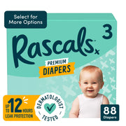Rascals 93337-S103 Premium Absorbent Baby Diapers Size 3, 88 Count with 5 Sensitive Infant Wipes