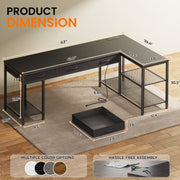 Amadwell 55 Inch L Shaped Computer Desk with Built-In Power Outlets, USB and Type-C Ports, 3 Fabric Drawers, Mesh Shelves, Black