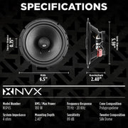 NVX Car Speakers NSP65 6.5 Inch 2-Way Coaxial, 540W Peak Power, 180W RMS, Black with Silk Dome Tweeters and Built-In Crossovers