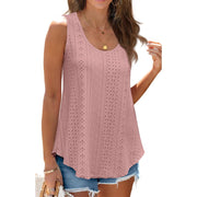 Fantaslook Womens Eyelet Embroidered Tank Top, Crew Neck, Sleeveless, Flowy Peplum, Pink, Classic Fit