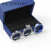 IOU 3pc Couples Wedding Ring Set, Sterling Silver Women's Band with 14 Heart-Cut Blue Moissanite Stones, Titanium Men's Band, Gift Box Included