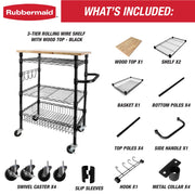Rubbermaid 85031B 3-Tier Heavy Duty Black Rolling Utility Cart with Solid Wood Top, 300lb Capacity