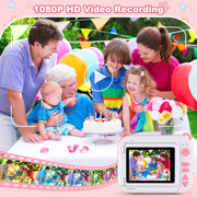 Aikidkit Kids Camera Instant Print, 2.4in Rotatable Flip Screen, 2MP CMOS Sensor, 1080p HD Video, Black-and-White Photo Printer, 32GB SD Card, Pink