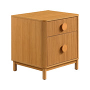 Beautiful 2-Drawer Fluted Nightstand with Built-In Power Station, Warm Honey Finish, Solid Rubberwood