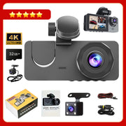 RBSTOSTO 4K Full UHD 3-Channel Car Dash Cam, Front Rear Inside Cameras, 2.0 in IPS Screen, Super Night Vision, WDR, 32GB Card