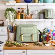 Beautiful Kitchenware 9 Qt TriZone Dual Basket Air Fryer with EverGood Ceramic Nonstick Coating, Touchscreen Control, Sage Green, 29061