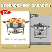 NEWKITCHEN CD-RD6Q-GD4 6QT Chafing Dishes Set, Stainless Steel with Elegant Gold Embellished Silver, 4 Pack, Includes Spoon and Clip