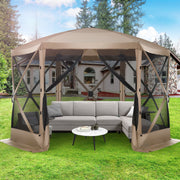 HOTEEL 12x12ft Pop-up Gazebo with Waterproof PU-Coated Oxford Roof, 50+ UPF Sun Protection, Six-Sided Mosquito Netting, Metal Frame, Portable Screen House, Khaki