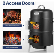 SPECSTAR 3-in-1 Vertical Charcoal Smoker BBQ Grill with Built-in Thermometer, Adjustable Air Vent, 2 Access Doors, Black