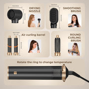 Onehouse 5 in 1 Blow Dryer Brush Ionic Hair Styler with Detachable Curler, Ceramic Coating, 3 Heat Settings, Black Gold