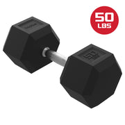 FitRx 50lbs Rubber Hex Dumbbell, Solid Steel Handle, Durable Rubber Coating, Anti-Roll Design, Single