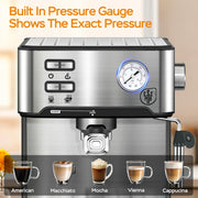 Plum Chef Espresso Machine, 20 Bar Pressure, Silver, Milk Frother Steam Wand, 54oz Water Tank, Low Noise Fast Brew