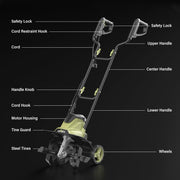 SOYUS 14 Inch Electric Garden Tiller, 12 Amp Motor, Folding Handle, 4 Steel Tines, Wheeled Rototiller for Lawn and Yard Soil Tilling