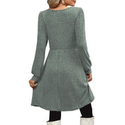 SHINE UP Womens Dress, V Neck, Long Puff Sleeves, Knee Length, Loose Fit with Pockets, XL, Green