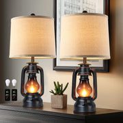 JUJUYUYOP 22-Inch Farmhouse Lantern Table Lamp Set of Two with Dual USB Charging Ports, Black Linen Shade, Frosted Glass, Industrial Style RO-001