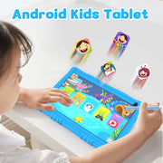 YQSavior Android 15 Kids Tablet, 10.1 Inch IPS HD Display, 8GB RAM, 32GB Storage, Quad-Core 1.8GHz Processor, Wi-Fi, Parental Control, Dual Cameras, Blue with Protective Case, CP10K