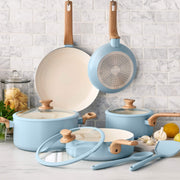 GreenPan Essence 10-Piece Ceramic Nonstick Cookware Set, Diamond-Infused Thermolon Coating, Blue Haze, Induction Compatible, Stay-Cool Wood-Print Handles